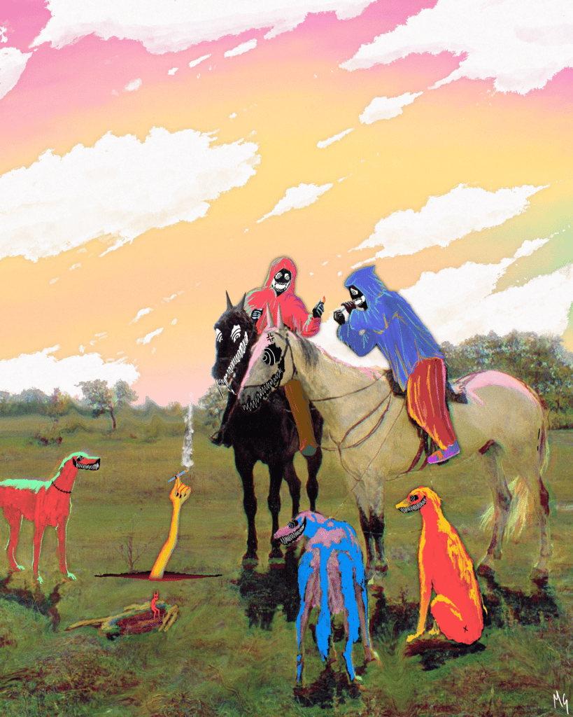 Two hooded fiends on horseback under a pink sky, surrounded by grinning colored dogs